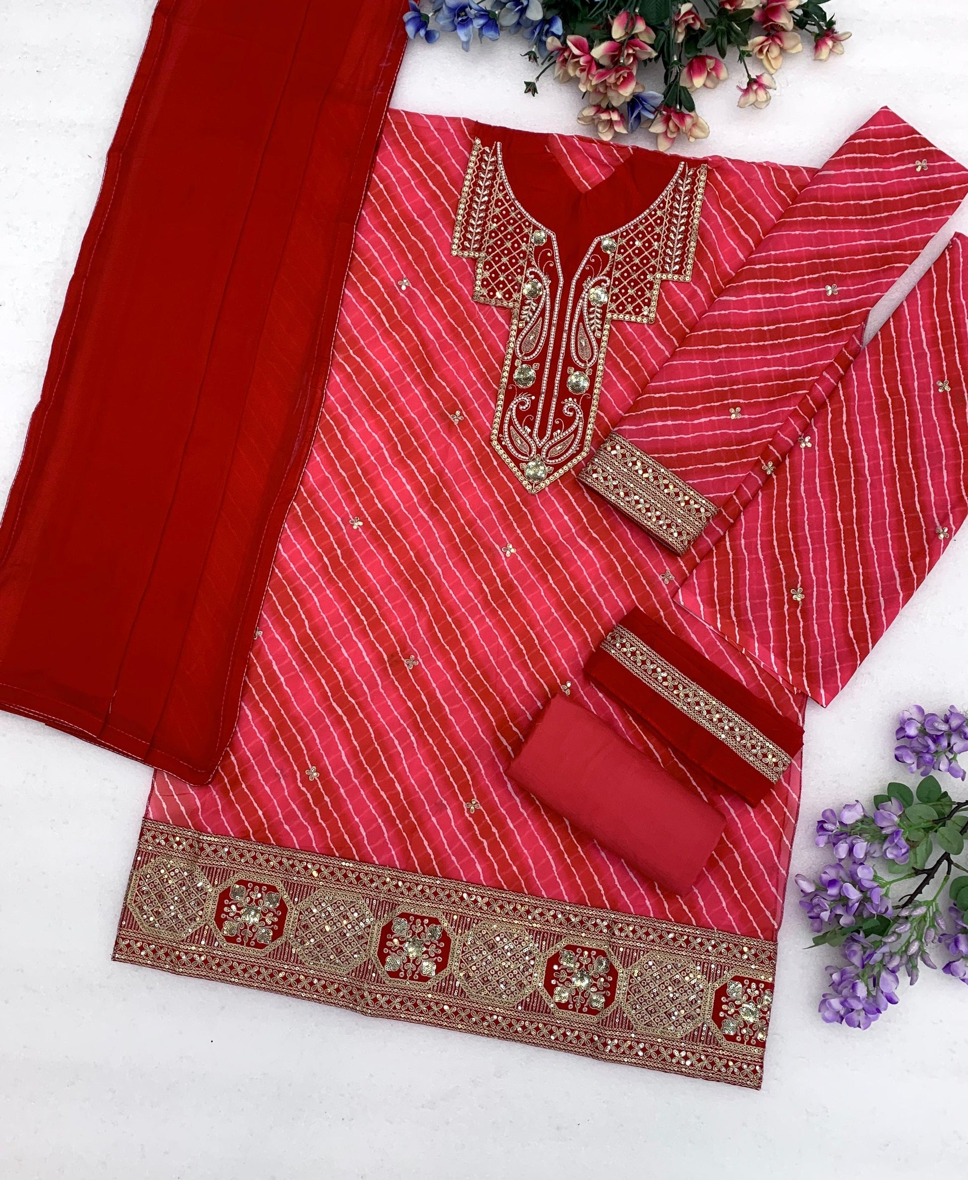 Anaita Red Georgette Semi Stitched Suit with Embroidery & Sequence Work - Dista