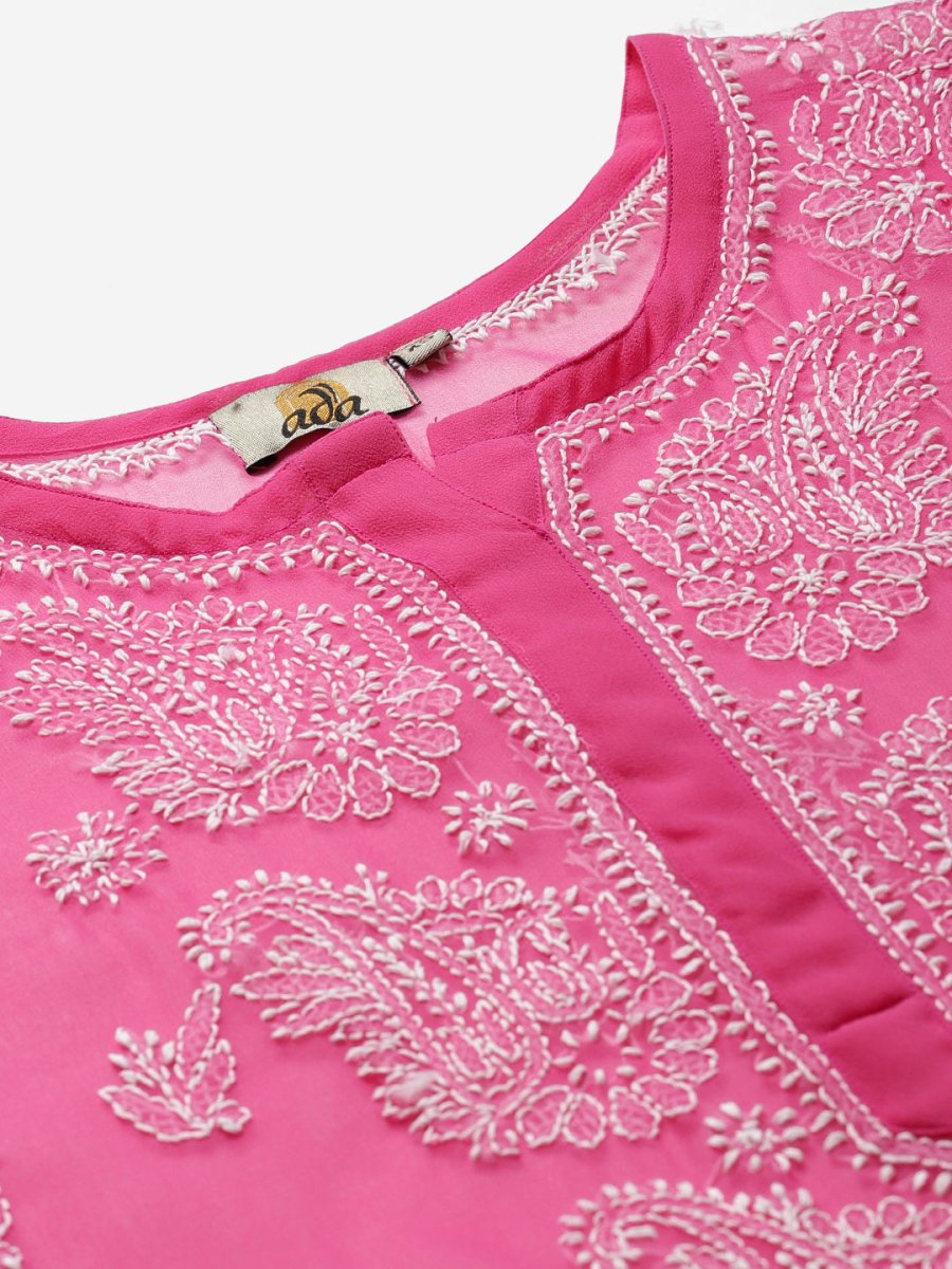 ADA Women Pink & White Sheer Chikankari Embroidered Straight Handloom Kurta with Inner - Distacart