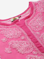 Thumbnail for ADA Women Pink & White Sheer Chikankari Embroidered Straight Handloom Kurta with Inner - Distacart