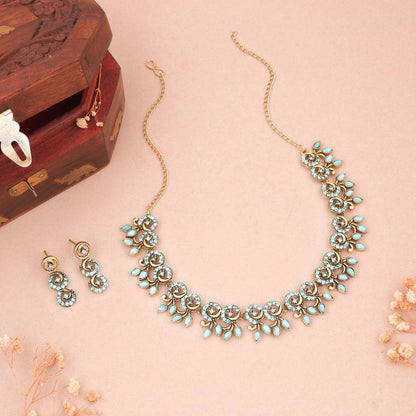 Tehzeeb Creations Gold Pleate Sky Blue Colour Choker Set - Distacart