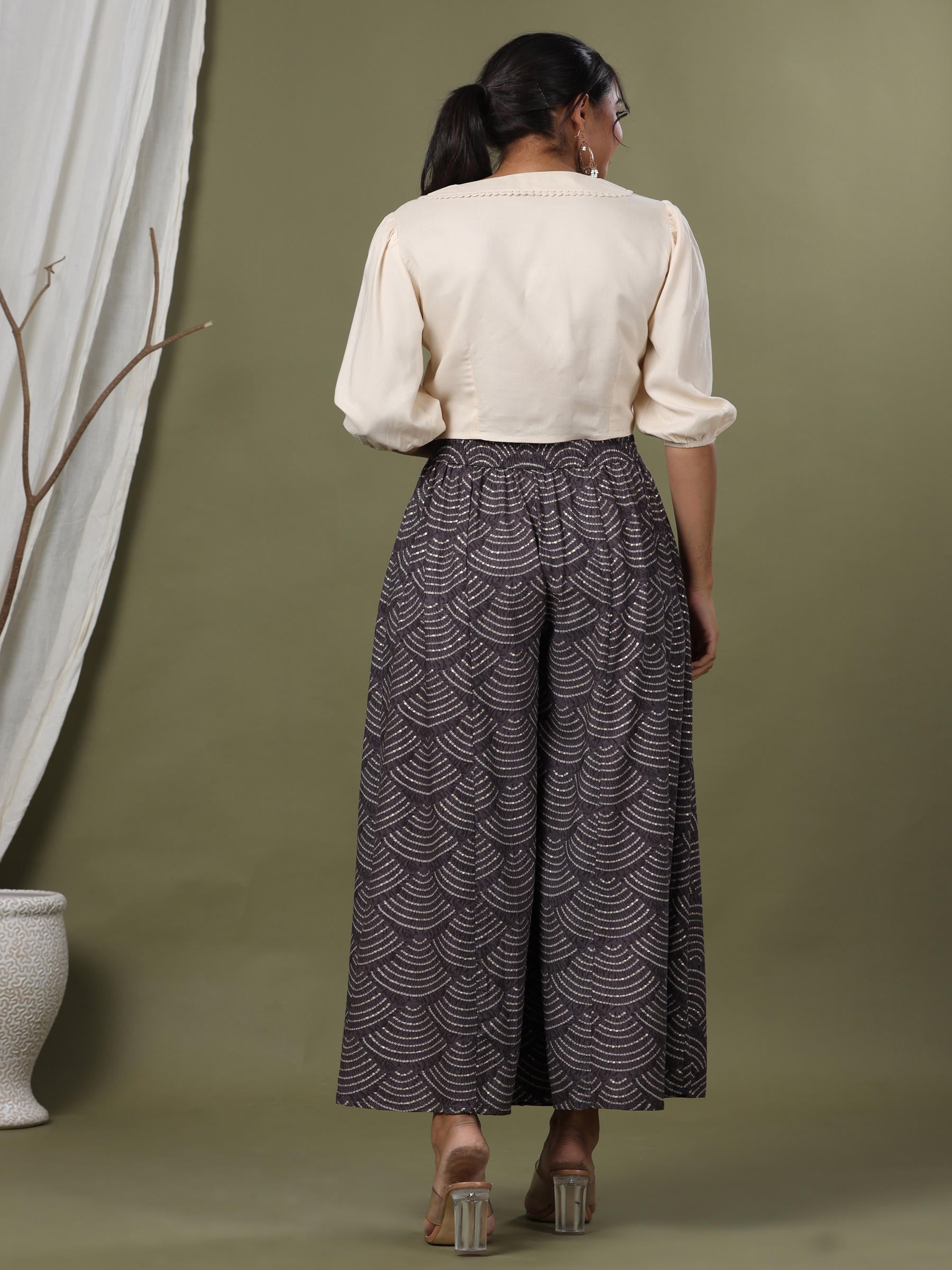 Juniper Grey Ethnic Motif Printed Rayon Flared & Kalidar Palazzo - Distacart