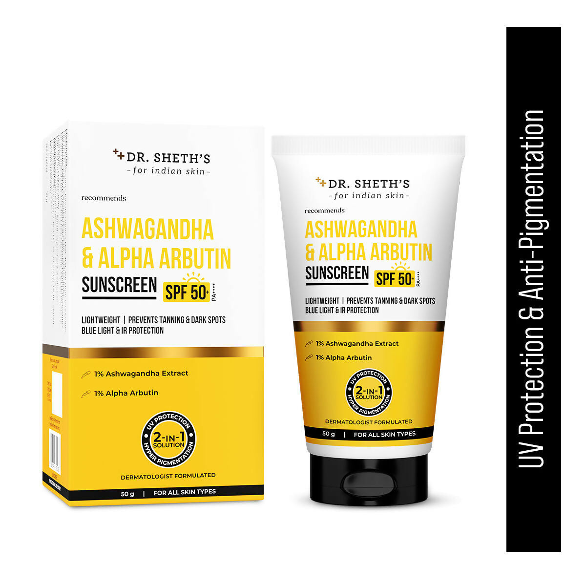 Dr. Sheth's Ashwagandha & Alpha Arbutin Sunscreen SPF 50+ PA++++ - Distacart