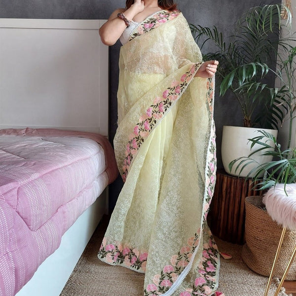 Anouk Yellow & Green Floral Embroidered Organza Saree - Distacart