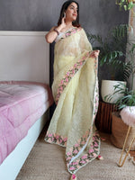 Thumbnail for Anouk Yellow & Green Floral Embroidered Organza Saree - Distacart