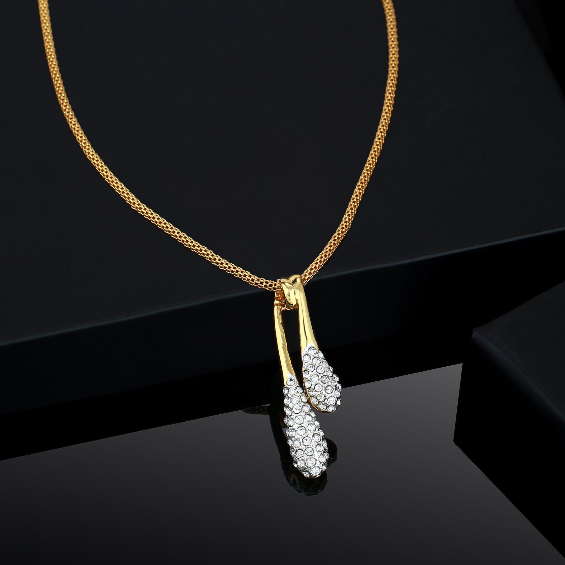 Estele Gold-Polished White Crystals Adorned Twin Droplet Designer Pendant Necklace with Chain for Women/Girls - Distacart