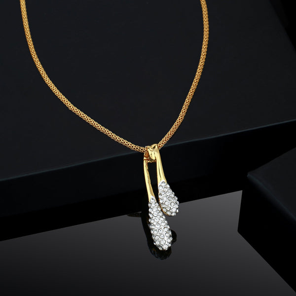 Estele Gold-Polished White Crystals Adorned Twin Droplet Designer Pendant Necklace with Chain for Women/Girls - Distacart