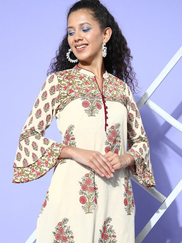 All About You Cream-Coloured Floral Printed Pure Cotton Kurta With Trousers - Distacart