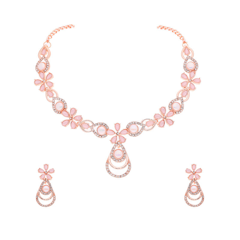 Tehzeeb Creations Rose Gold-Polished Baby Pink Colour Necklace With Stud - Distacart