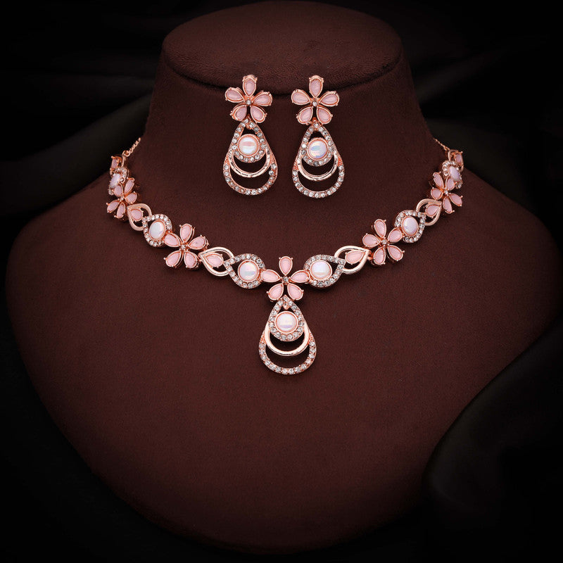 Tehzeeb Creations Rose Gold-Polished Baby Pink Colour Necklace With Stud - Distacart