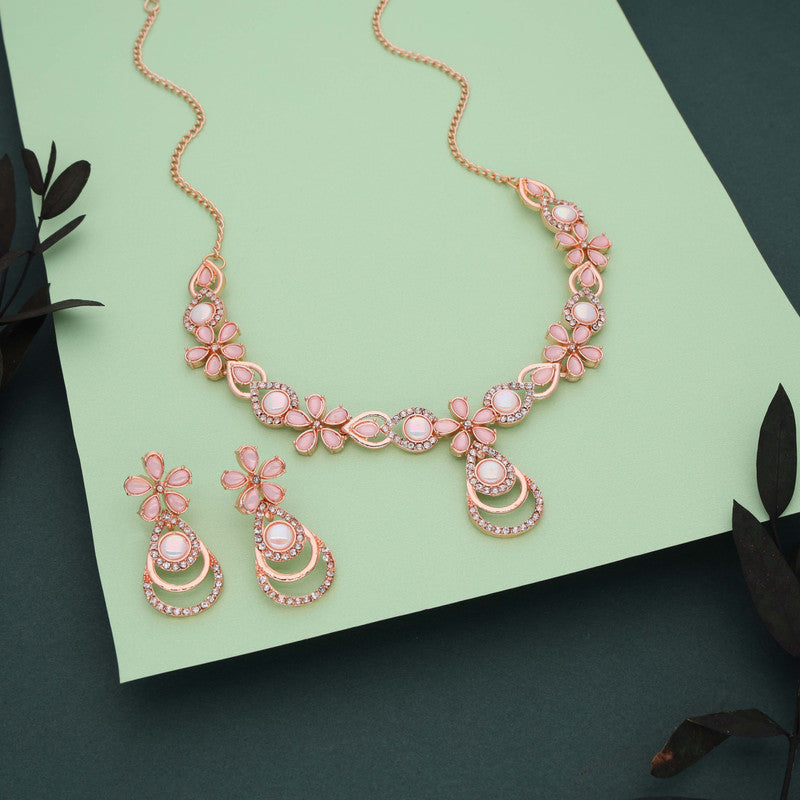 Tehzeeb Creations Rose Gold-Polished Baby Pink Colour Necklace With Stud - Distacart