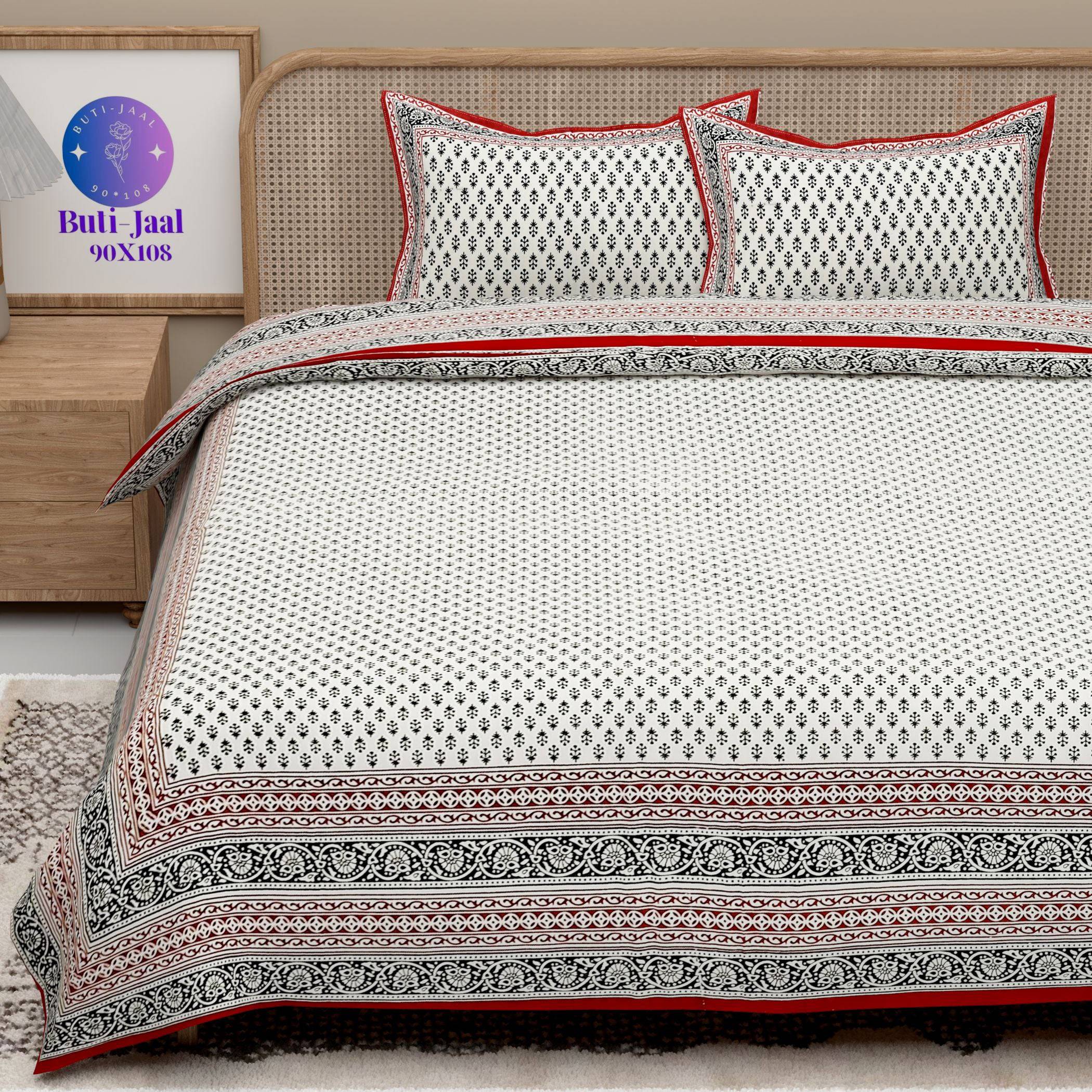 Red White Handblock Printed Cotton 200TC King Bedsheet With 2 Zipper Pillow Covers - King Size by House of Ree - Distacart