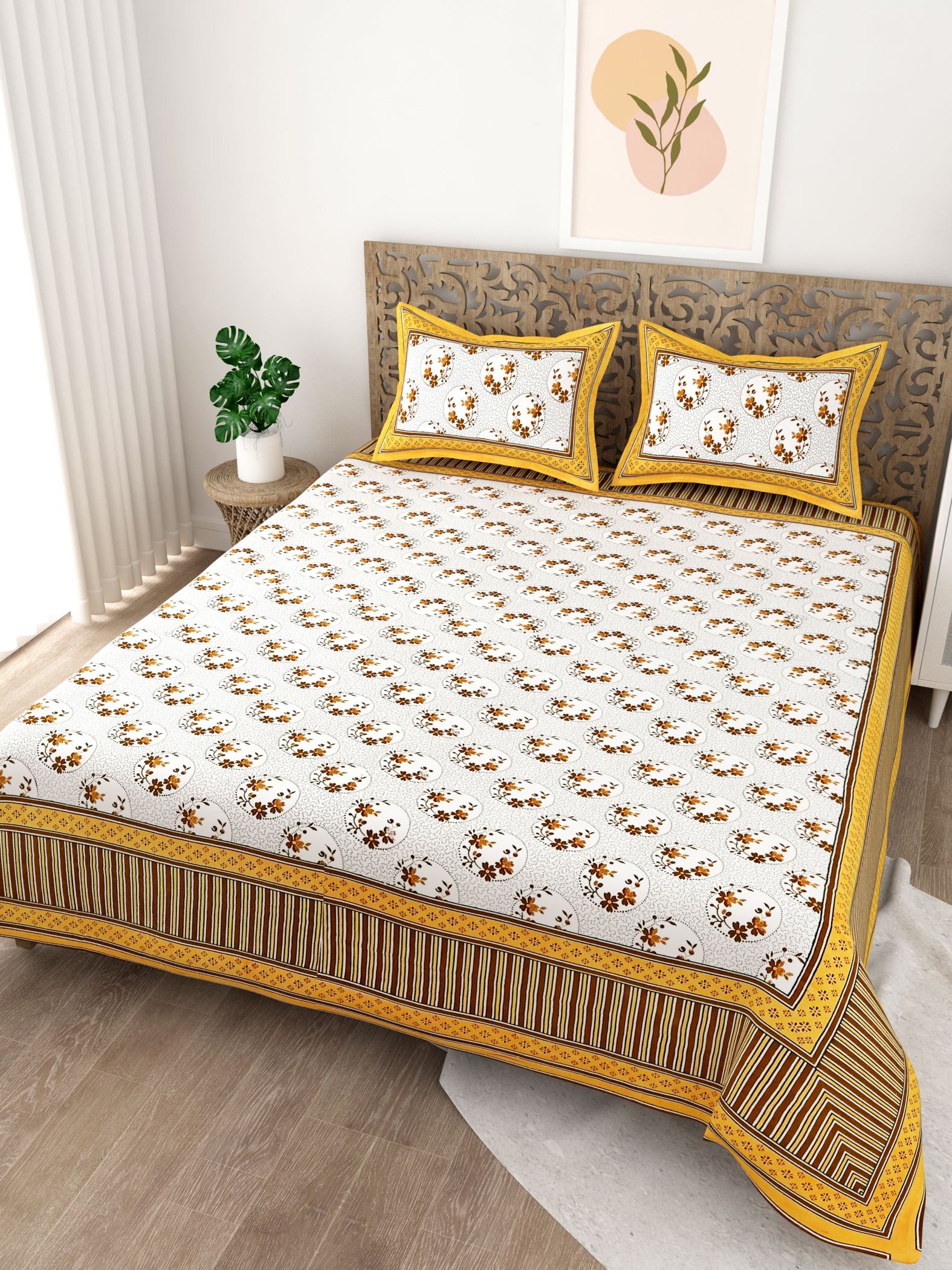Yellow Floral Printed Cotton 200TC King Bedsheet With 2 Zipper Pillow Covers - King Size by House of Ree - Distacart