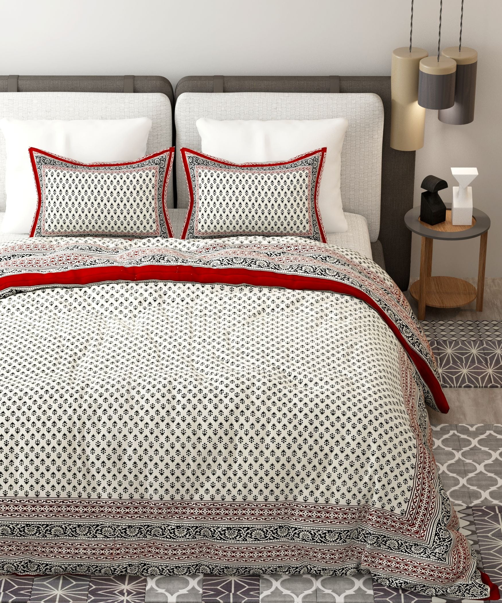 Red White Handblock Printed Cotton 200TC King Bedsheet With 2 Zipper Pillow Covers - King Size by House of Ree - Distacart