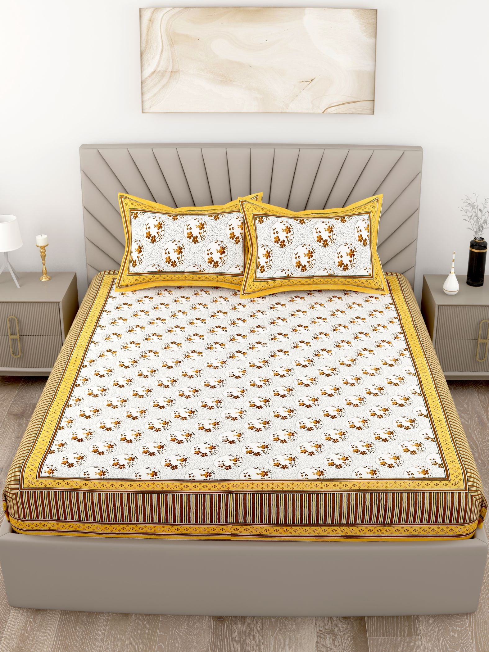 Yellow Floral Printed Cotton 200TC King Bedsheet With 2 Zipper Pillow Covers - King Size by House of Ree - Distacart