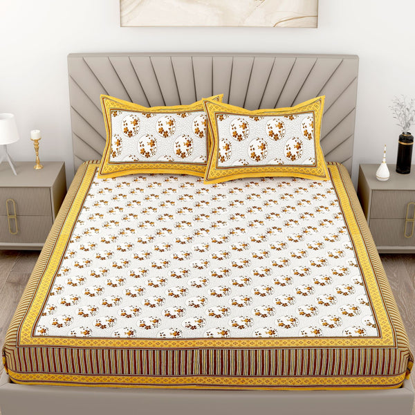 Yellow Floral Printed Cotton 200TC King Bedsheet With 2 Zipper Pillow Covers - King Size by House of Ree - Distacart
