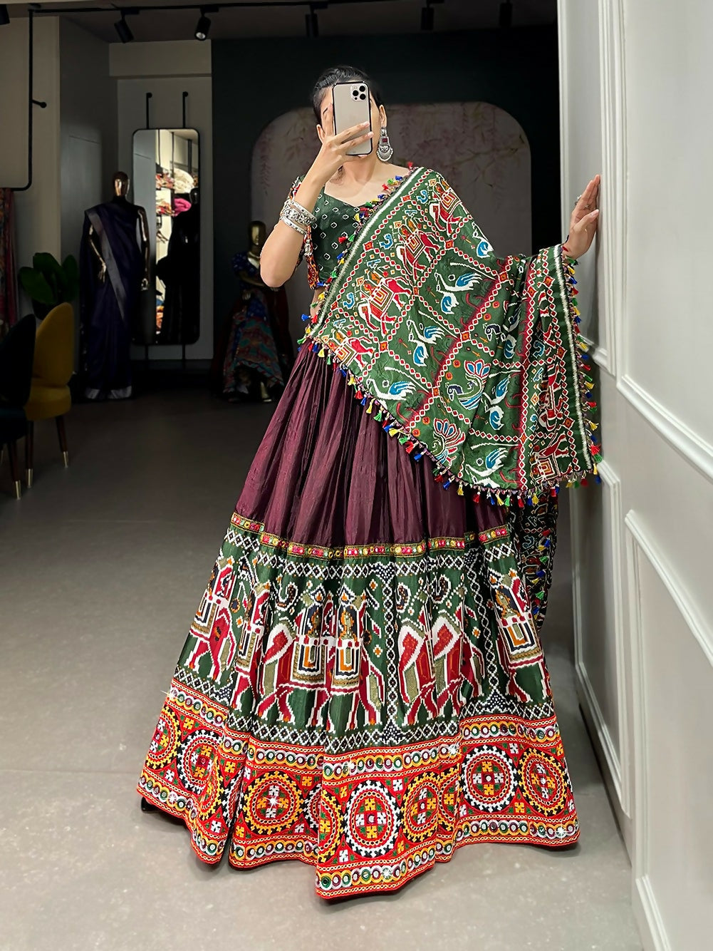 Vastranavya Traditional Patola Print With Gamthi & Mirror Work Lehenga Choli - Brown - Distacart