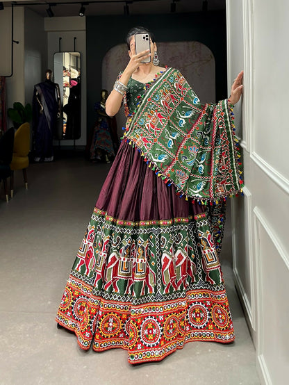 Vastranavya Traditional Patola Print With Gamthi & Mirror Work Lehenga Choli - Brown - Distacart