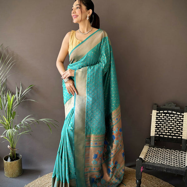 Joban Fashion Teal Green Jacquard Butti Soft Lichi Silk Paithani Saree - Distacart