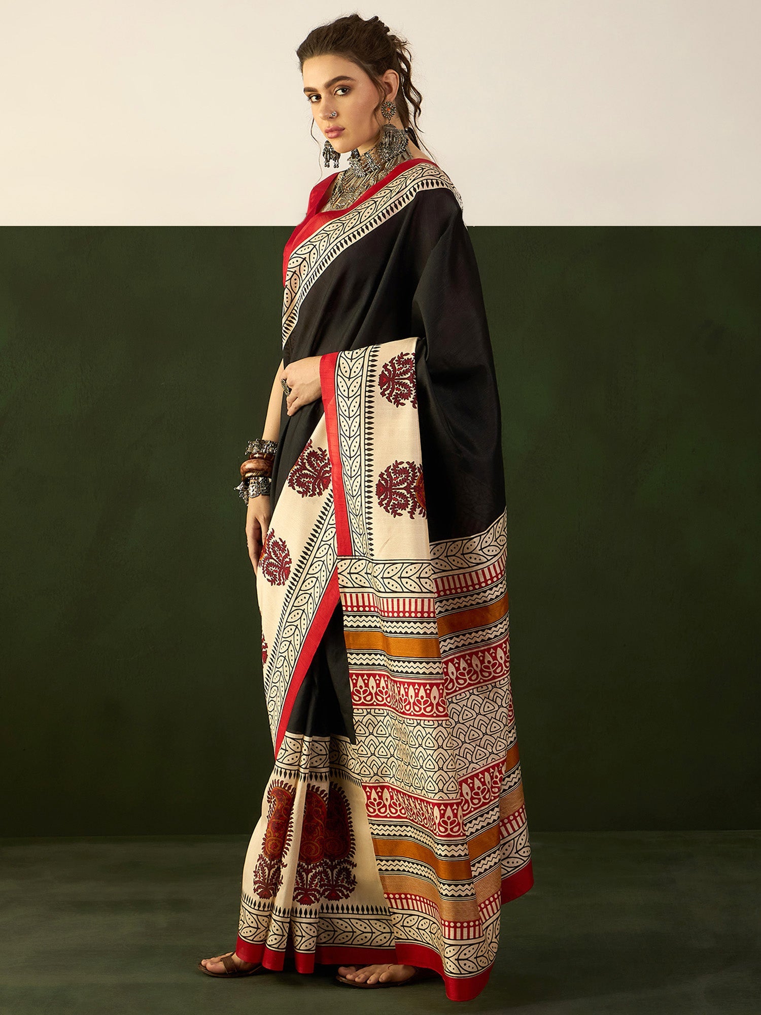 NOZ2TOZ Women's Bhagalpuri Silk Black Printed Designer Saree With Blouse Piece - Distacart