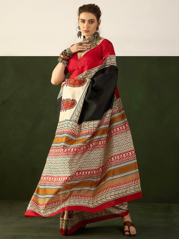 NOZ2TOZ Women's Bhagalpuri Silk Black Printed Designer Saree With Blouse Piece - Distacart