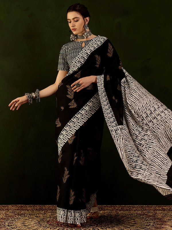NOZ2TOZ Women's Bhagalpuri Silk Black Printed Designer Saree With Blouse Piece - Distacart