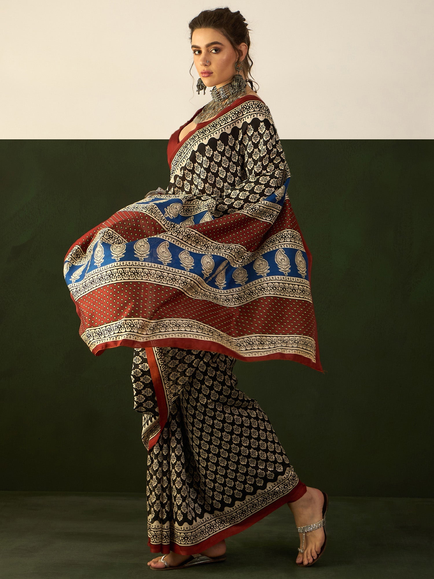NOZ2TOZ Women's Bhagalpuri Silk Black Printed Designer Saree With Blouse Piece - Distacart