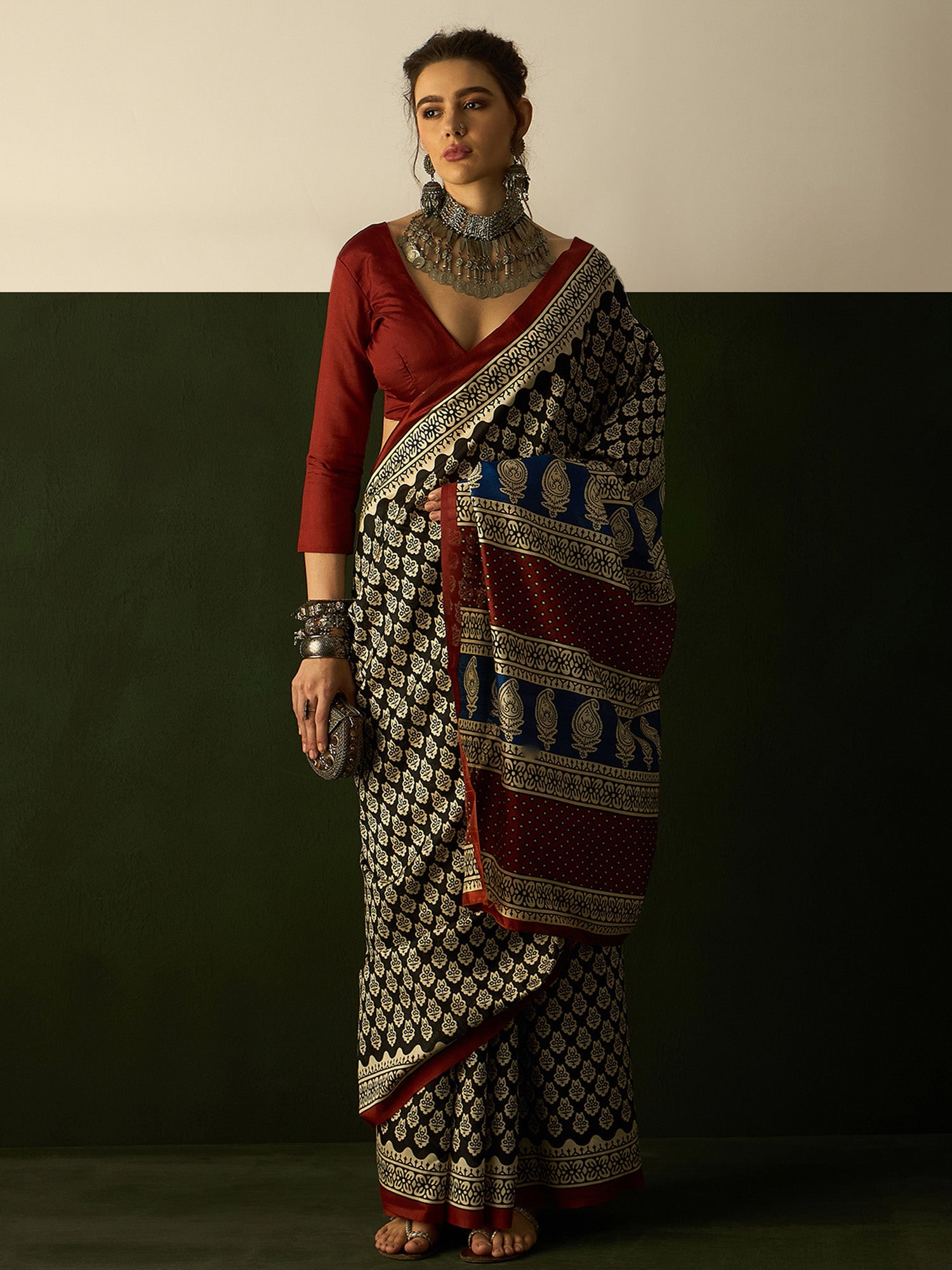 NOZ2TOZ Women's Bhagalpuri Silk Black Printed Designer Saree With Blouse Piece - Distacart