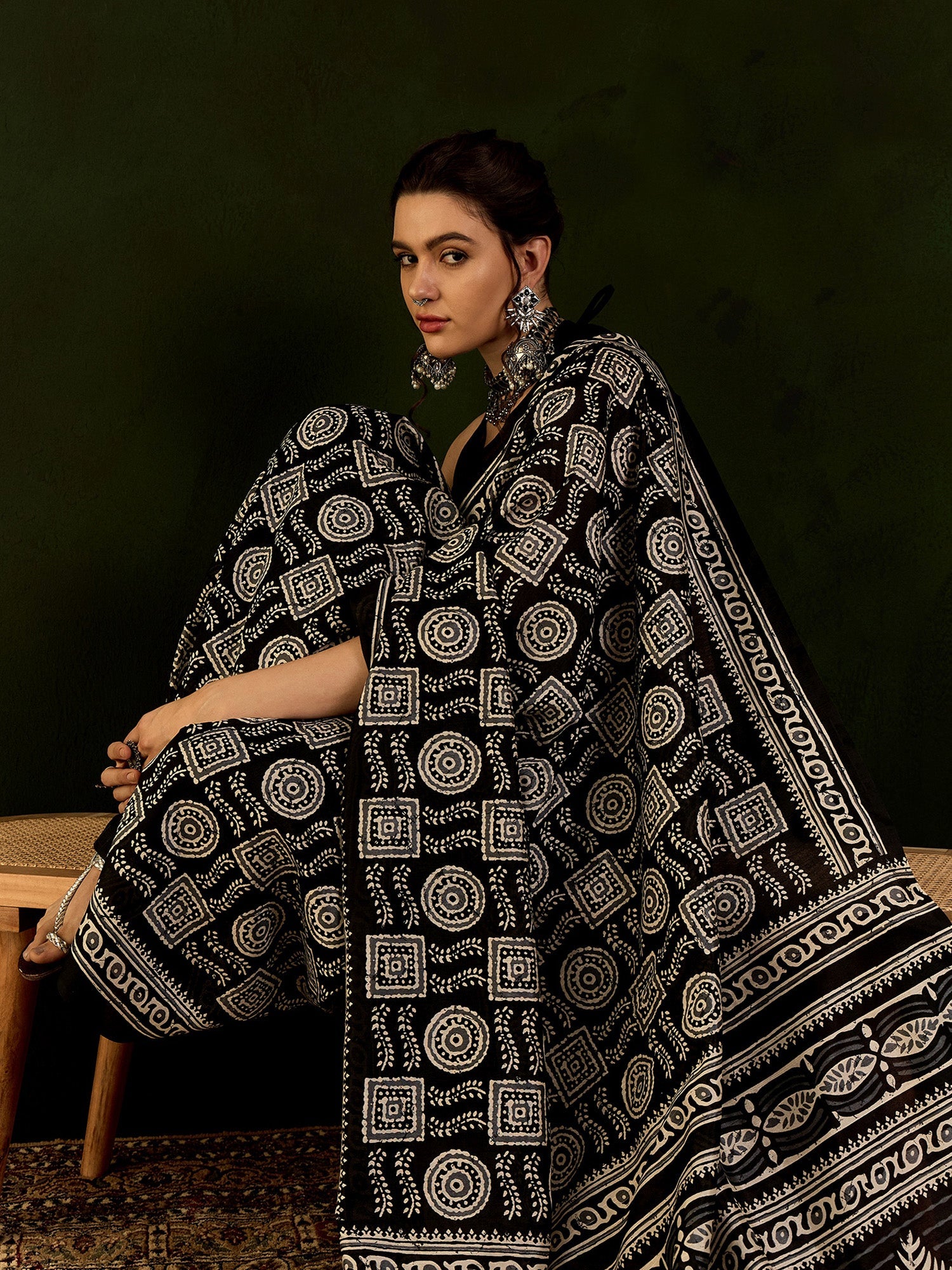 NOZ2TOZ Women's Bhagalpuri Silk Black Printed Designer Saree With Blouse Piece - Distacart