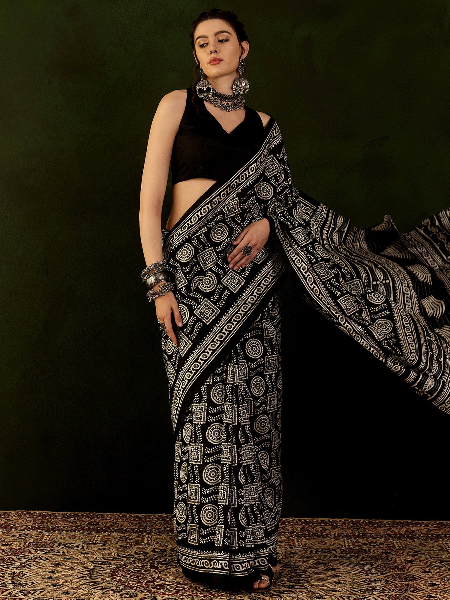 NOZ2TOZ Women's Bhagalpuri Silk Black Printed Designer Saree With Blouse Piece - Distacart