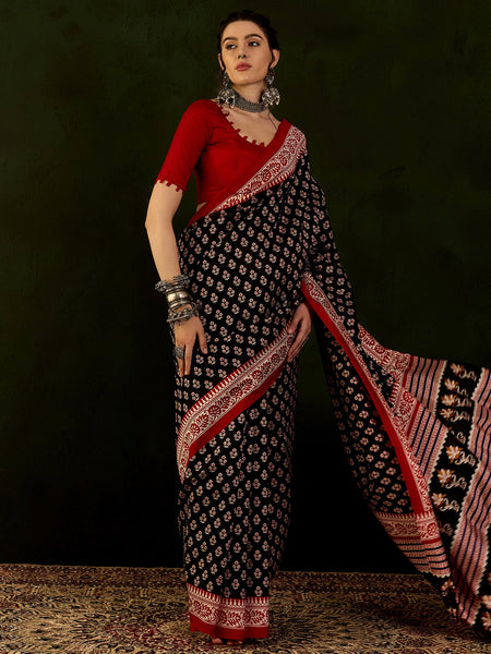 NOZ2TOZ Women's Bhagalpuri Silk Black Printed Designer Saree With Blouse Piece - Distacart