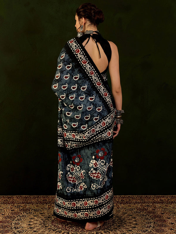NOZ2TOZ Women's Bhagalpuri Silk Grey Printed Designer Saree With Blouse Piece - Distacart