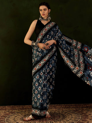 NOZ2TOZ Women's Bhagalpuri Silk Grey Printed Designer Saree With Blouse Piece - Distacart