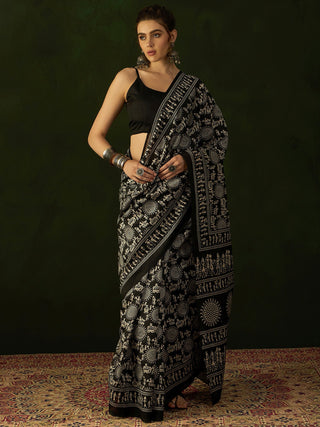 NOZ2TOZ Women's Bhagalpuri Silk Black Printed Designer Saree With Blouse Piece - Distacart