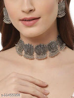 Thumbnail for Tehzeeb Creations Women's Silver Colour Oxidised Lotus Design Necklace Set - Distacart