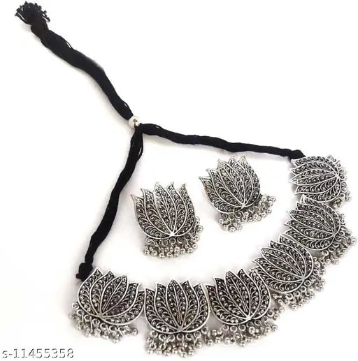 Tehzeeb Creations Women's Silver Colour Oxidised Lotus Design Necklace Set - Distacart