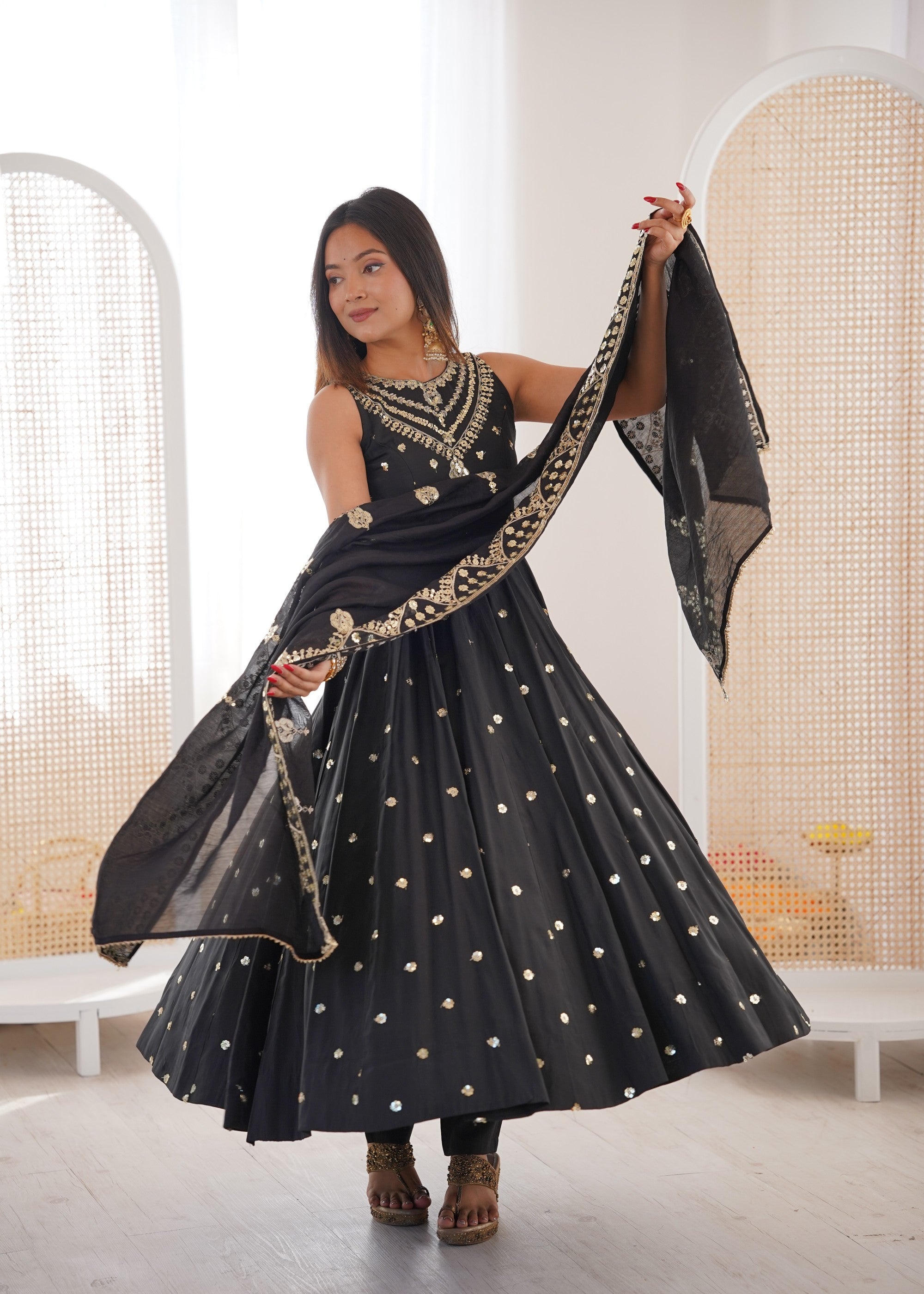 Anaita Black Silk Readymade Anarkali Suit with Embroidery & Sequence Work - Dista
