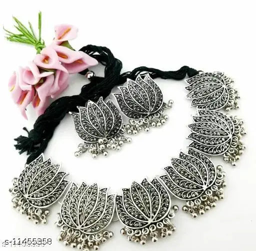 Tehzeeb Creations Women's Silver Colour Oxidised Lotus Design Necklace Set - Distacart