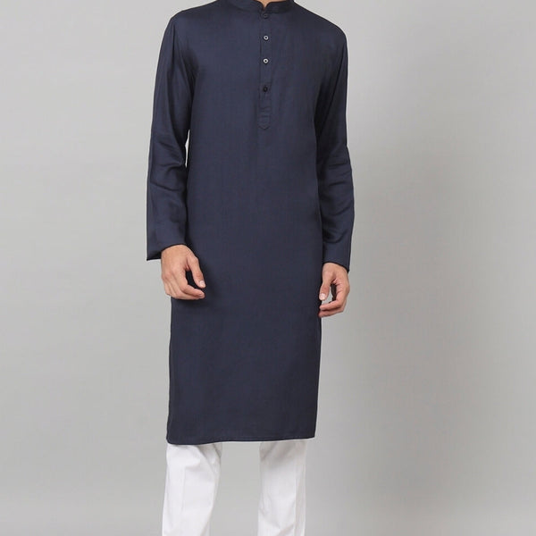 Giza Cotton Navy Blue Plain Kurta by Hilo Design - Distacart