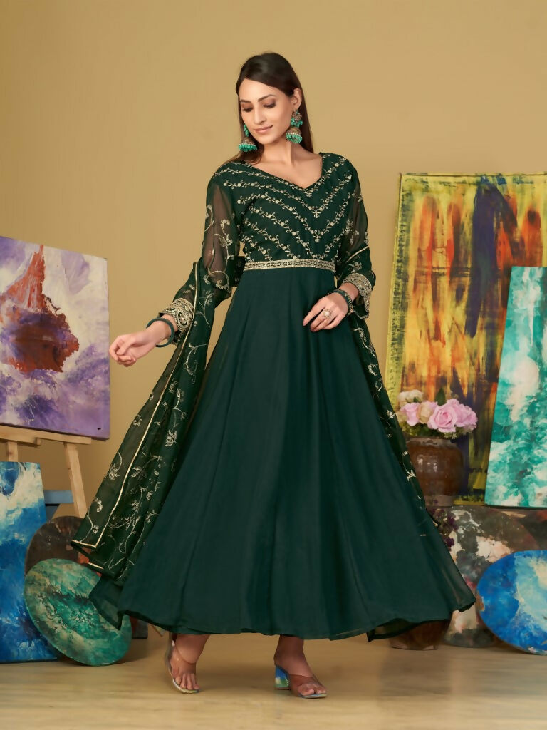 Jyoti Fashion Women's Bottle Green Georgette Embroidered Anarkali Kurta Pant Set With Dupatta - Distacart
