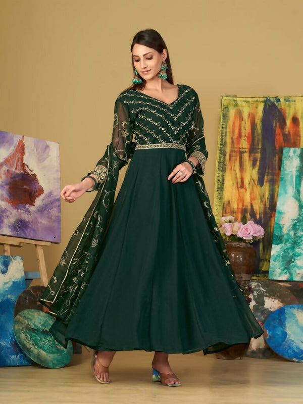 Jyoti Fashion Women's Bottle Green Georgette Embroidered Anarkali Kurta Pant Set With Dupatta - Distacart