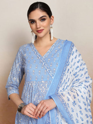 Vishudh Women Floral Printed Angrakha Pure Cotton Kurta with Palazzos & With Dupatta - Distacart