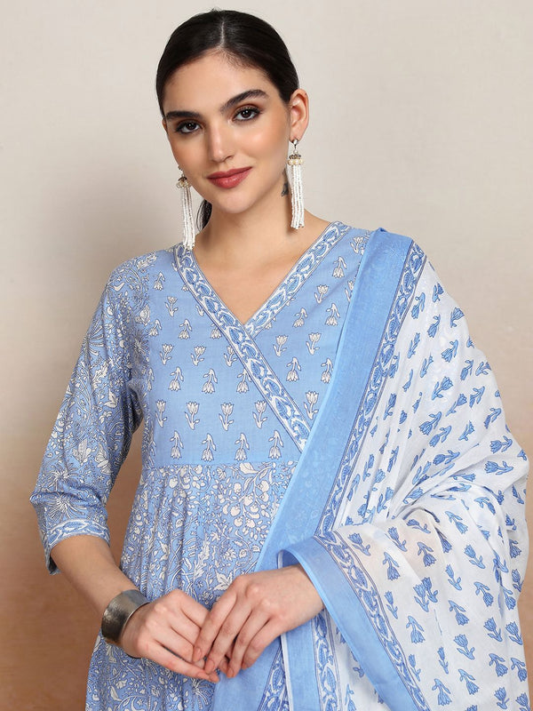 Vishudh Women Floral Printed Angrakha Pure Cotton Kurta with Palazzos & With Dupatta - Distacart