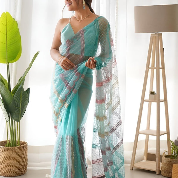 Anouk Striped Sequinned Net Saree - Distacart
