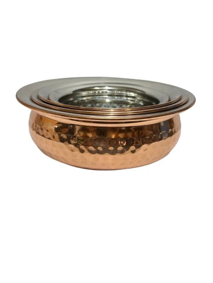 Dynore Stainless Steel Copper Plated Hammered Finish Handi Set with SS lid- Set of 4 - Dista