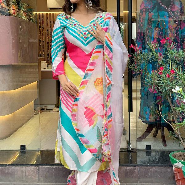 Kalini Chevron Printed Beads & Stones Regular Kurta With Trousers & Dupatta - Distacart