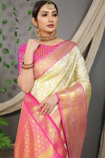 Thumbnail for Jyoti Fashion Women's Off White Kanjivaram Silk Zari Woven Saree with Blouse - Distacart