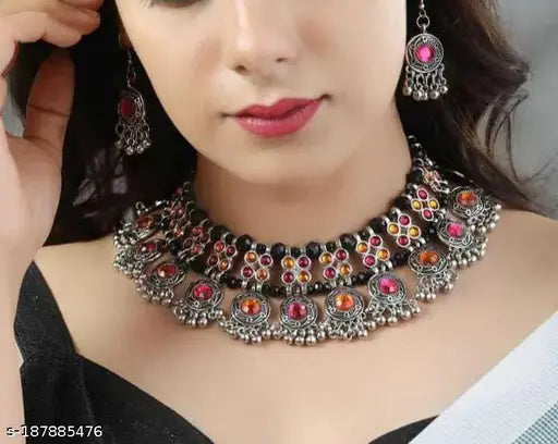 Tehzeeb Creations Women's Multi Colour Meenakari Oxidised Necklace Set - Distacart