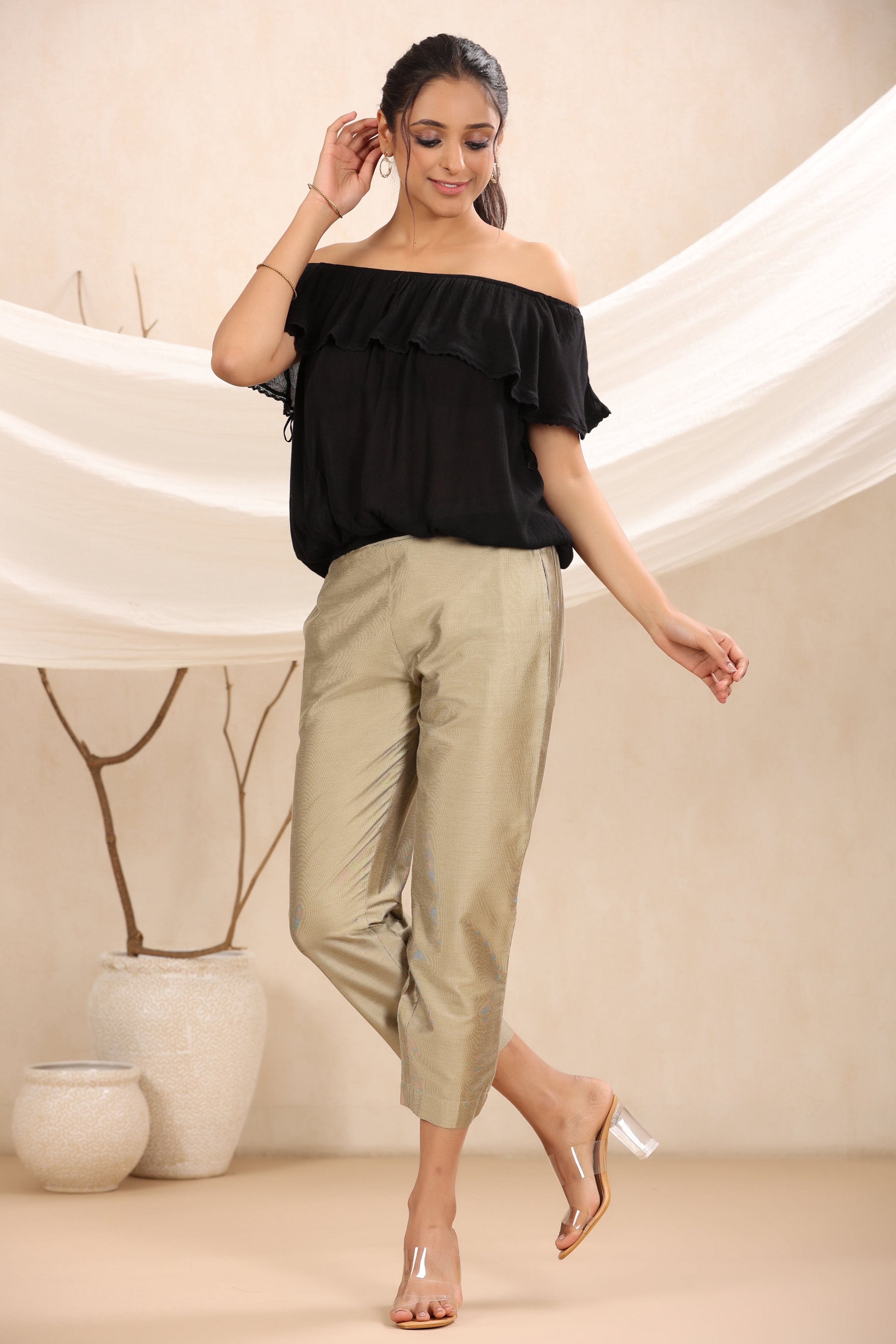 Juniper Beige Solid Silk Slim Fit Pants With a Pocket - Distacart