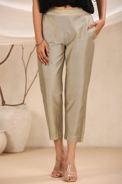 Juniper Beige Solid Silk Slim Fit Pants With a Pocket - Distacart