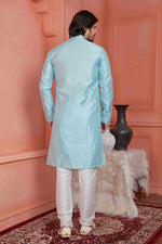 Thumbnail for Raivat Ethnic Jacquard Banarasi Silk Pintux Work Kurta Pajama In Sky Blue Colour - Distacart